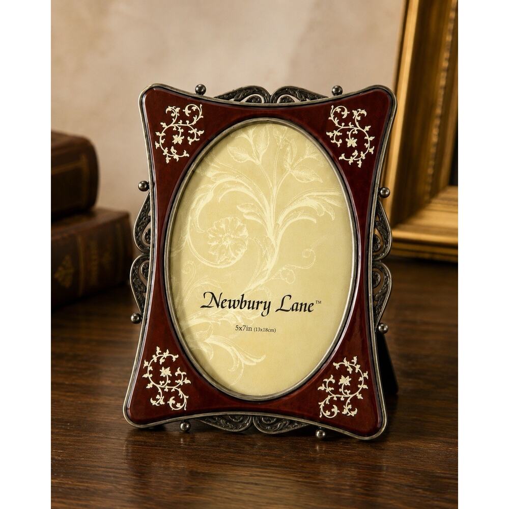 Newbury Lane Cast Pewter Picture Frame 5x7 Wood Look Inlay Ornate Scrollwork
